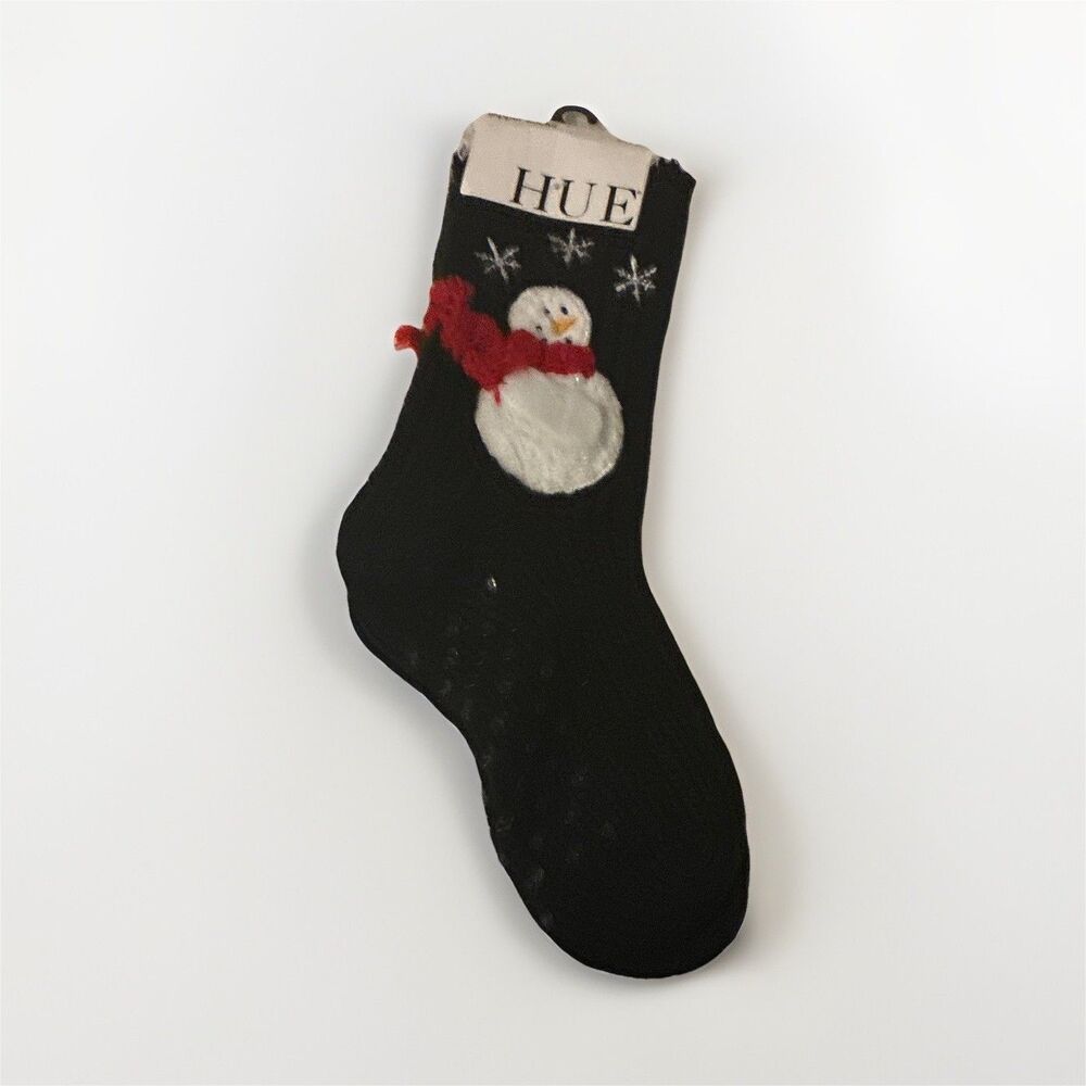 HUE Women's Snowman Slipper Socks Black Non-Slip Winter Christmas Casual